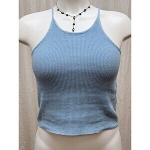 Pomelo Knit Tank Top XS Light Blue Ribbed Sleeveless High Neck Cropped Cami